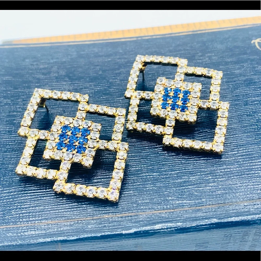 Vintage rhinestone pierced earrings geometric costume jewelry new old stock